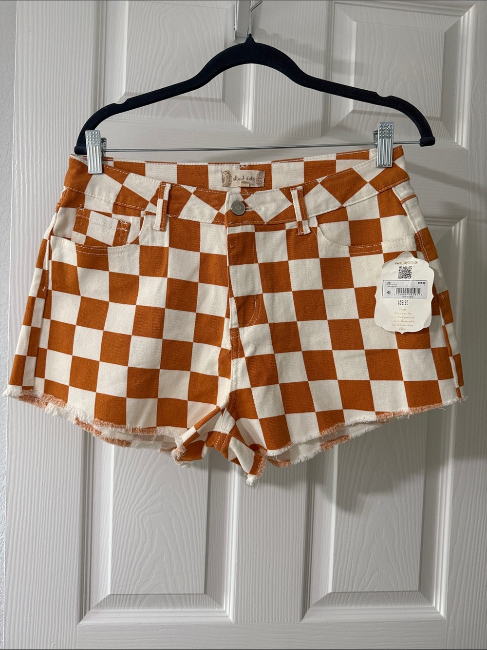 Altar'd State Rust and Cream Checkerboard Jean Shorts